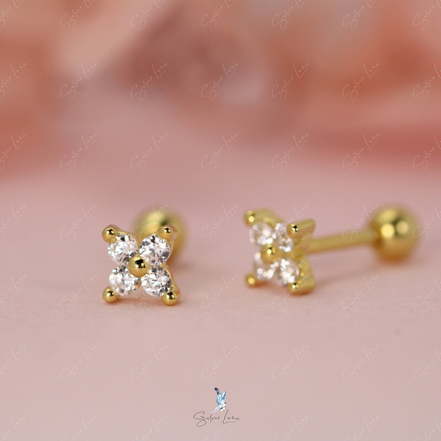 cubic zirconia screw ball back stud earrings