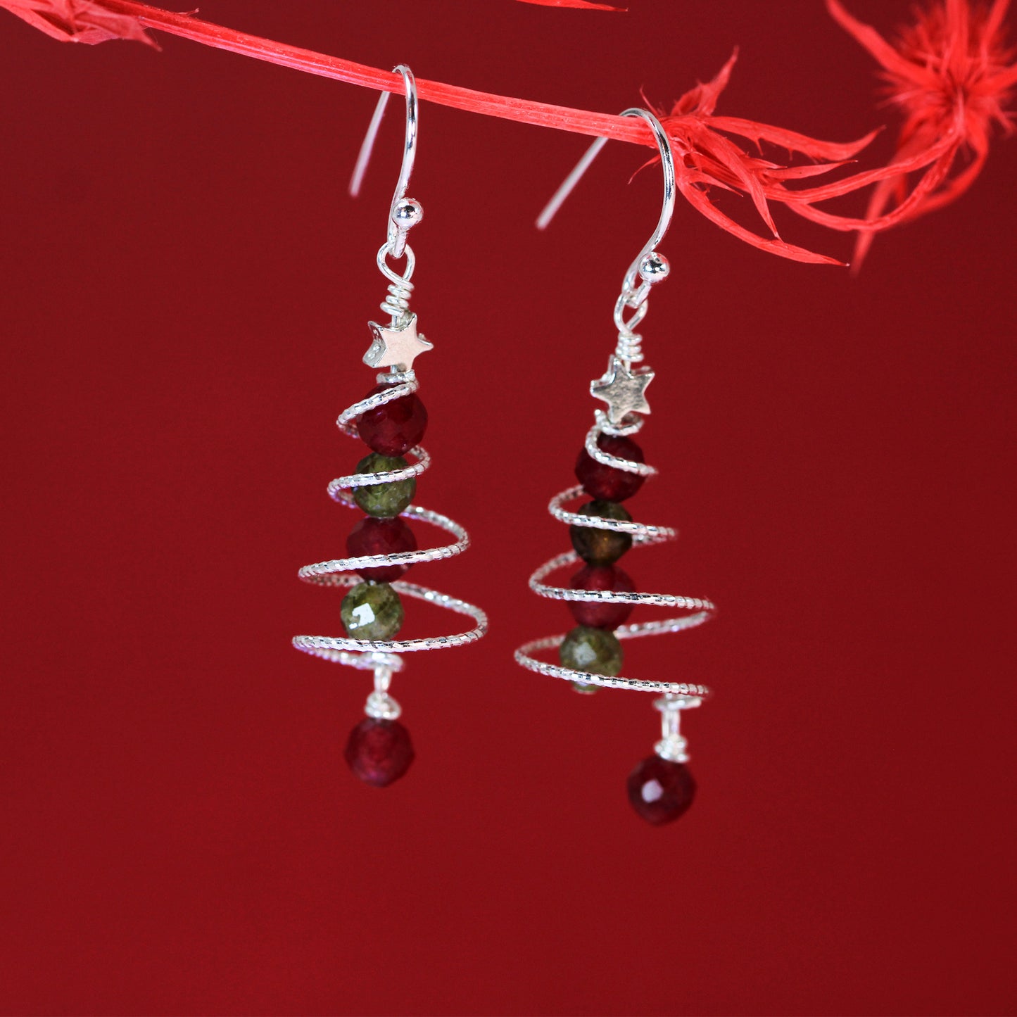 Red ruby and green garnet Christmas tree silver earrings
