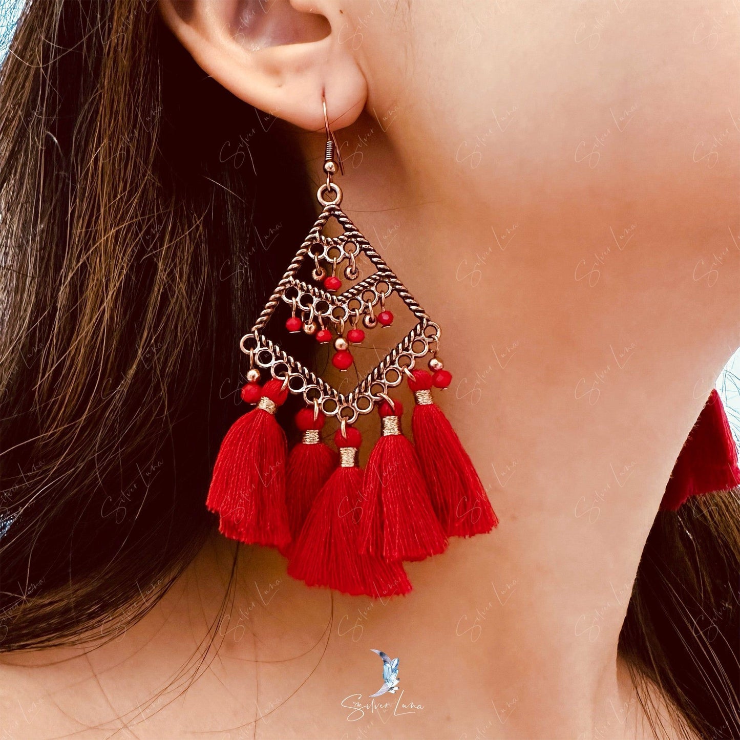 Bohemian red fan tassel statement earrings