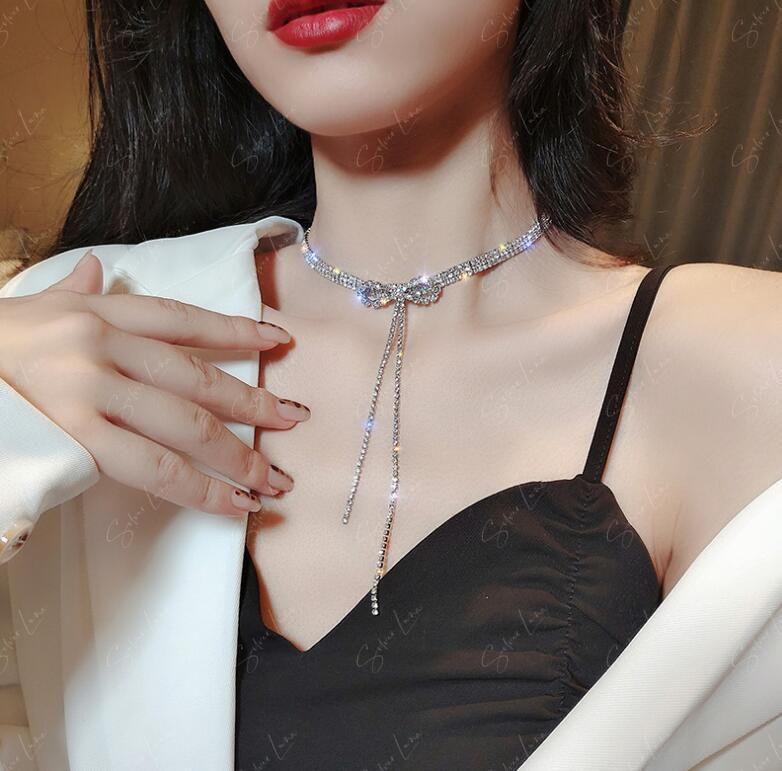 Crystal rhinestone bowtie choker necklace