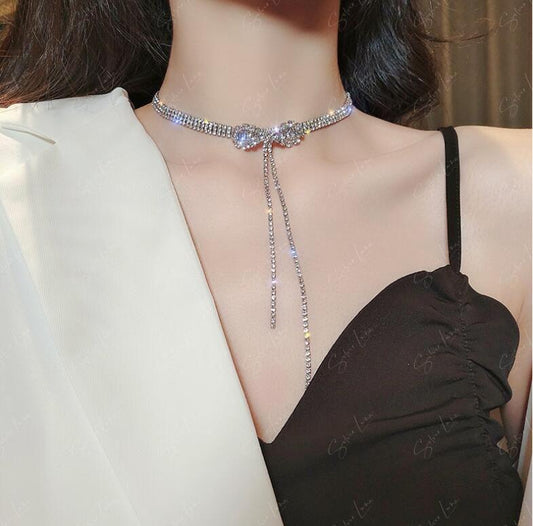 Crystal rhinestone bowtie choker necklace