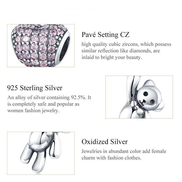 Teddy Bear Hanging On Heart Balloon Dangle Charm