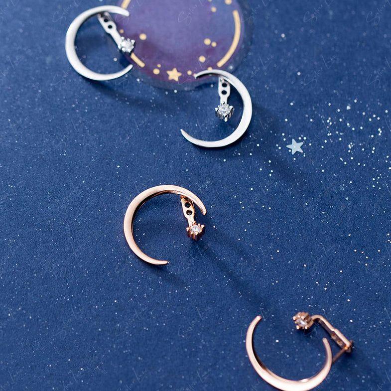 Moon And Star Stud Earrings With Ear Jacket