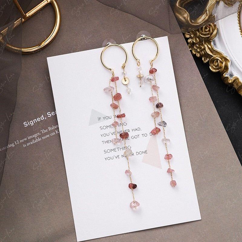 Colorful irregular stone long tassel drop earrings