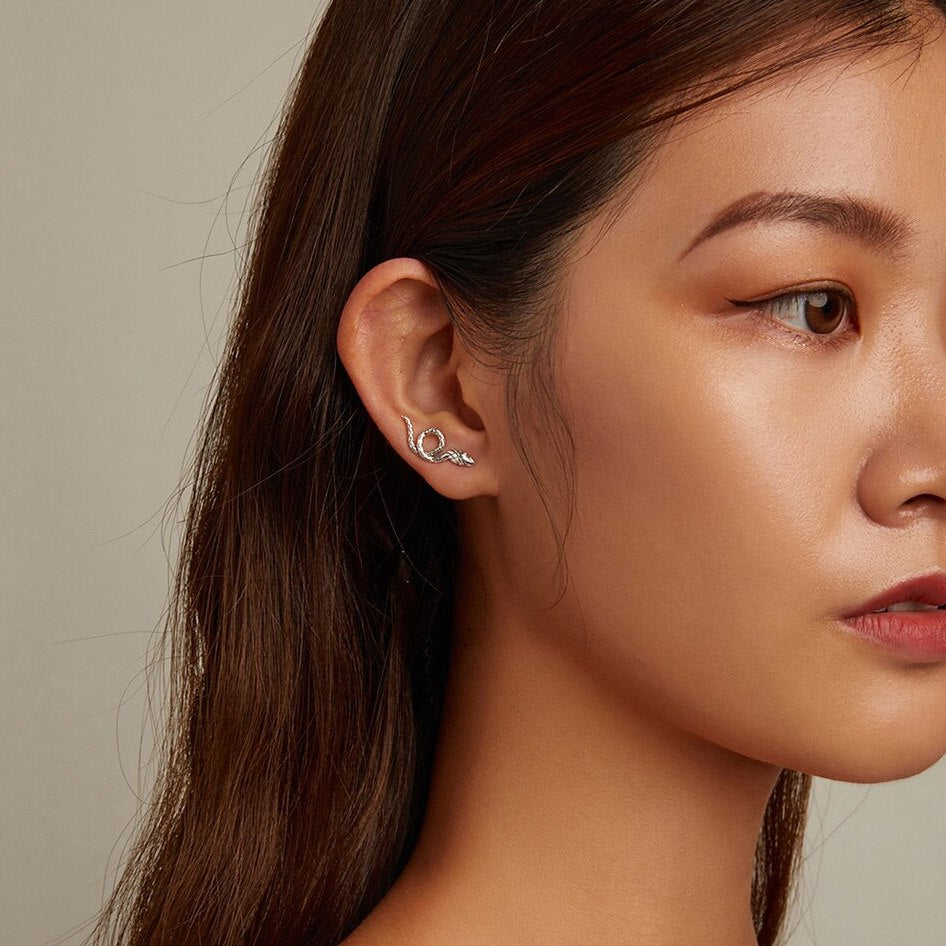 Silver snake ear climber earrings
