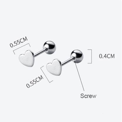 Flat heart screw ball sterling silver stud earrings