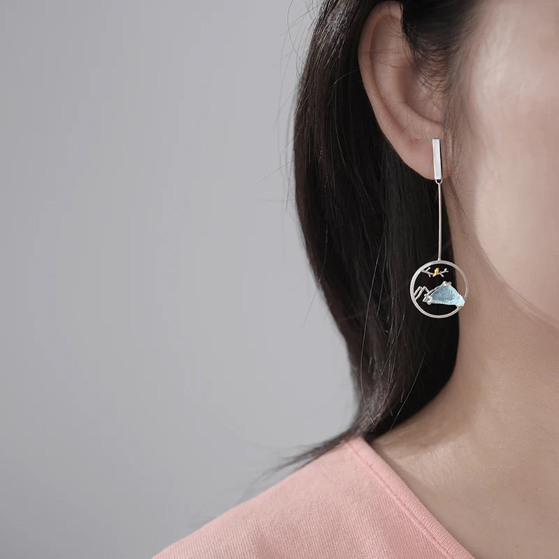 mountain landscape aquamarine dangle drop earrings