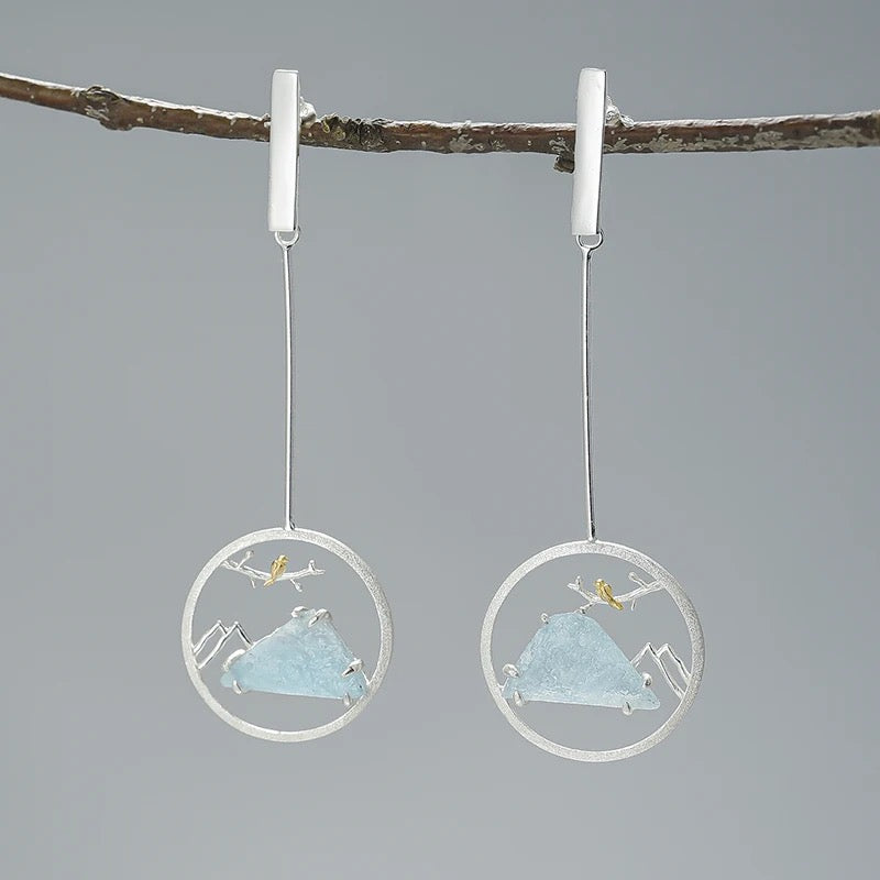 mountain landscape aquamarine dangle drop earrings