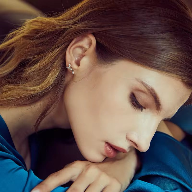 Asymmetric leaves branch stud earrings with cuff