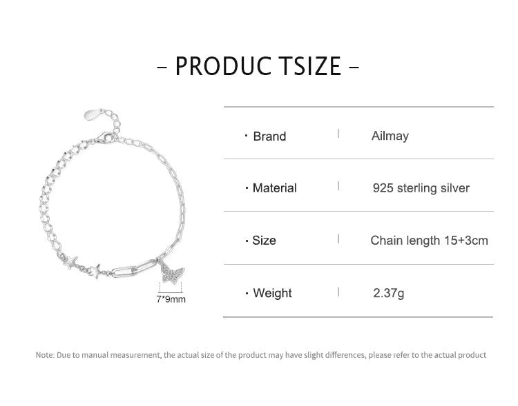 Butterfly and stars link chain silver bracelet