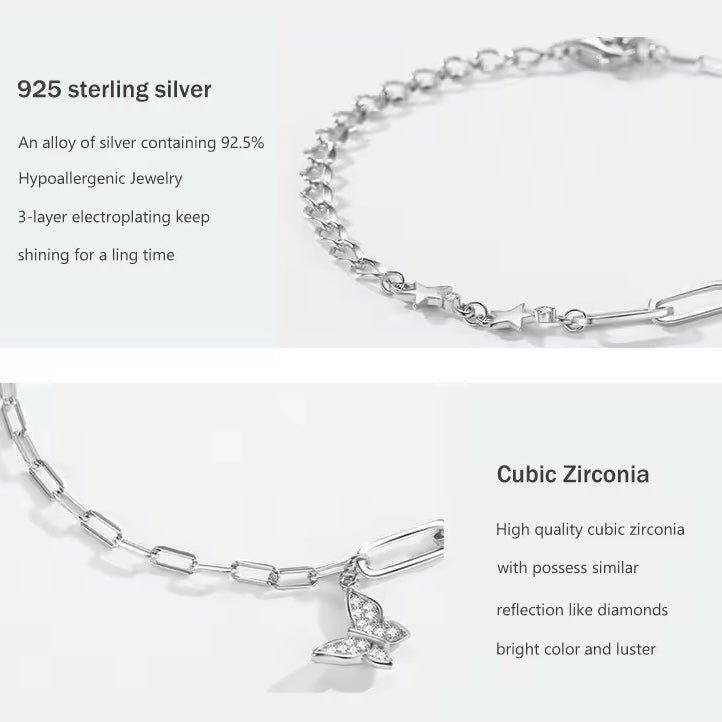 Butterfly and stars link chain silver bracelet
