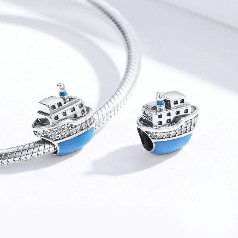 Blue cruise ship sterling silver bead charm