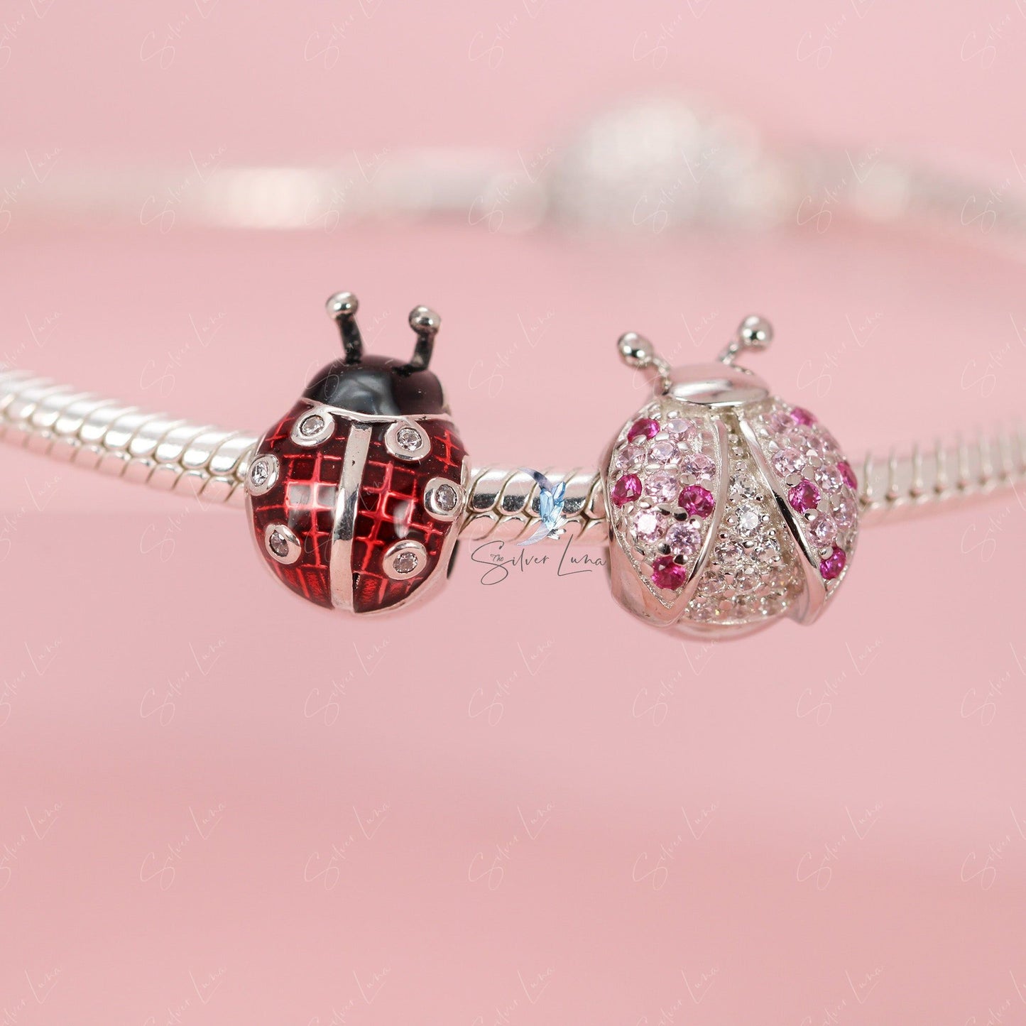 Cubic zirconia ladybug bead silver charm