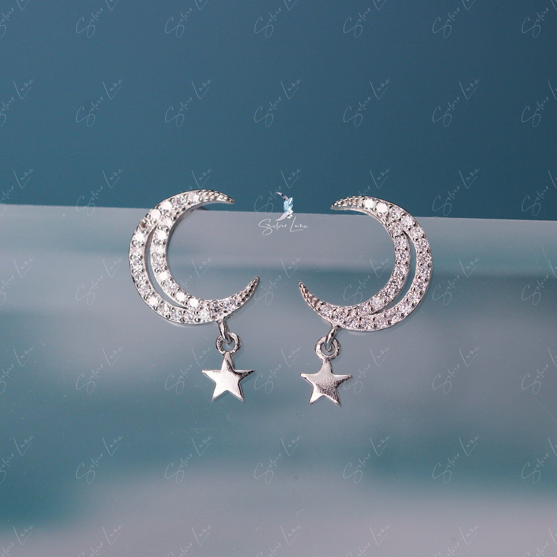 moon and star drop stud earrings