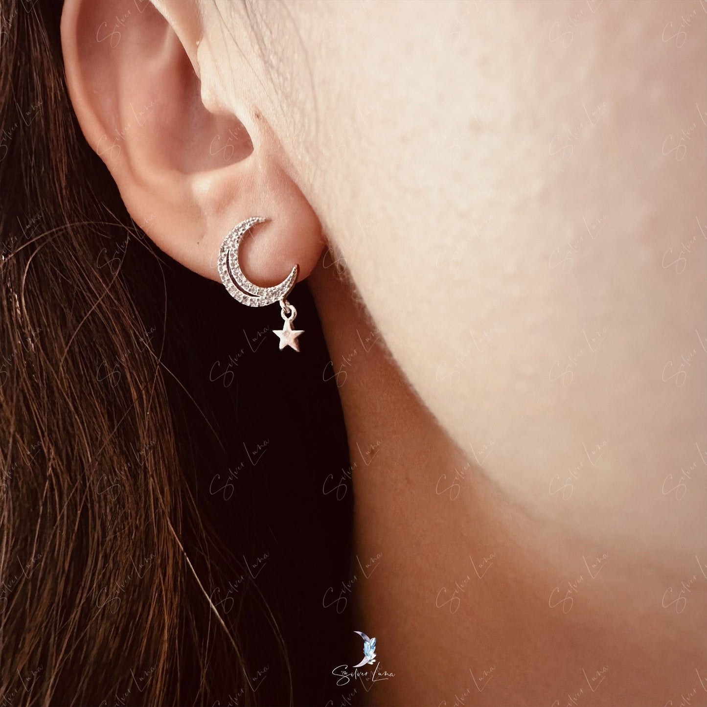 moon and star drop stud earrings