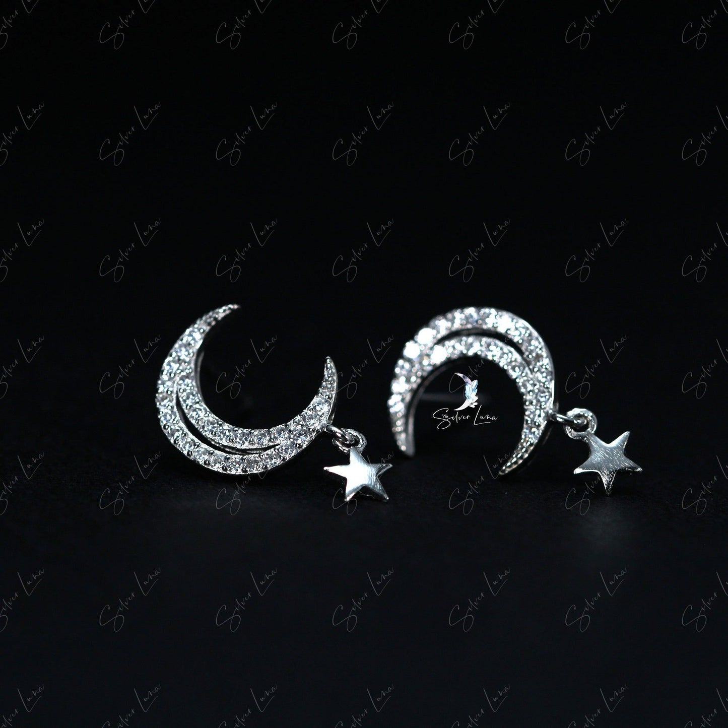 moon and star drop stud earrings
