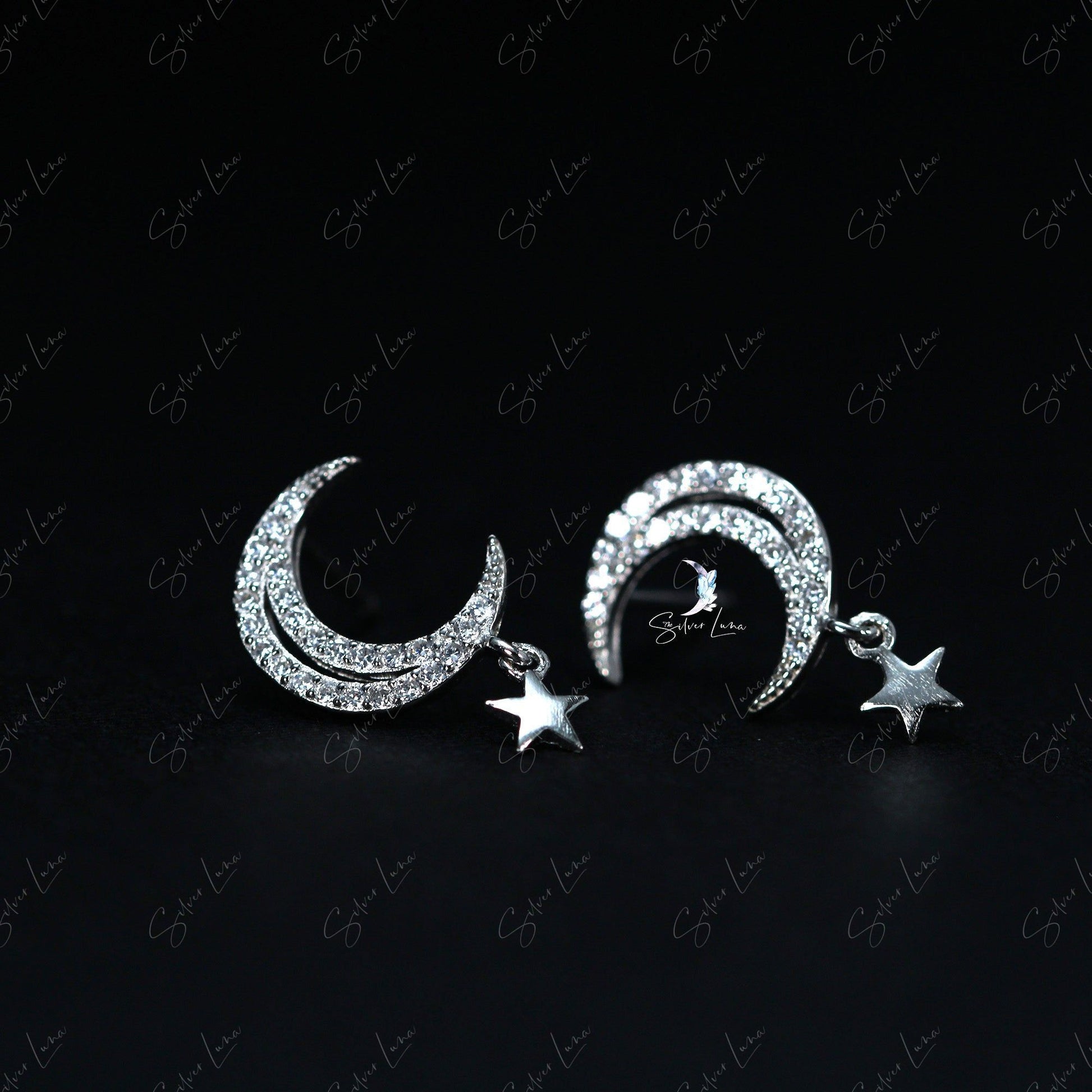moon and star drop stud earrings