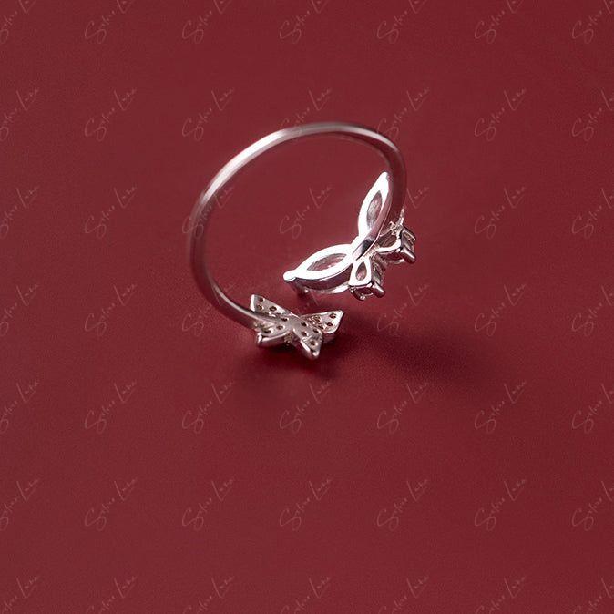 Cubic zirconia butterfly adjustable silver ring