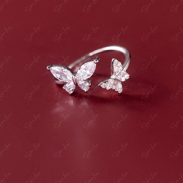 Cubic zirconia butterfly adjustable silver ring
