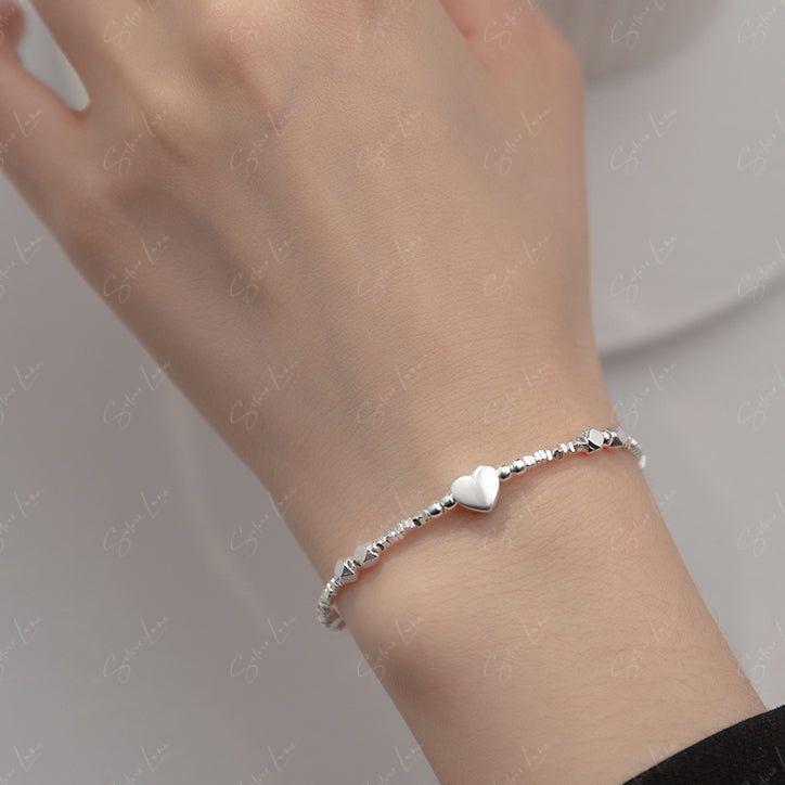 Ball beaded heart charm sterling silver bracelet