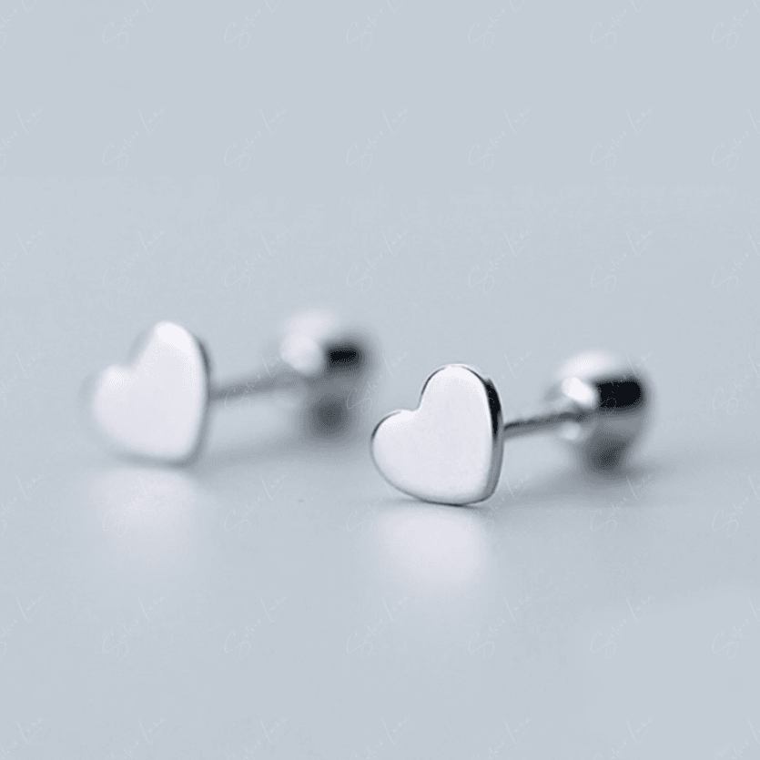 Flat heart screw ball sterling silver stud earrings