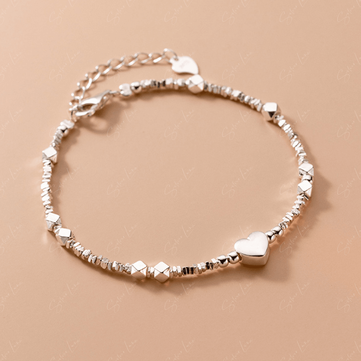 Ball beaded heart charm sterling silver bracelet