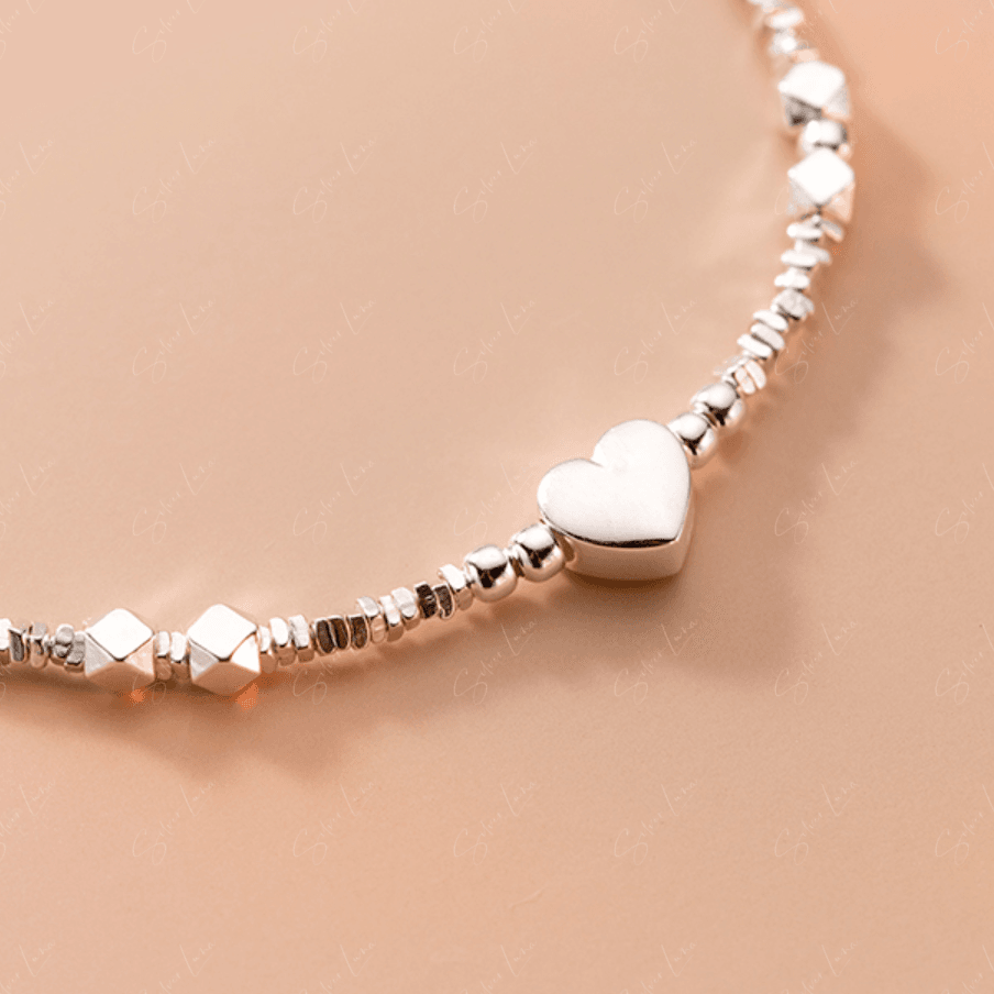 Ball beaded heart charm sterling silver bracelet