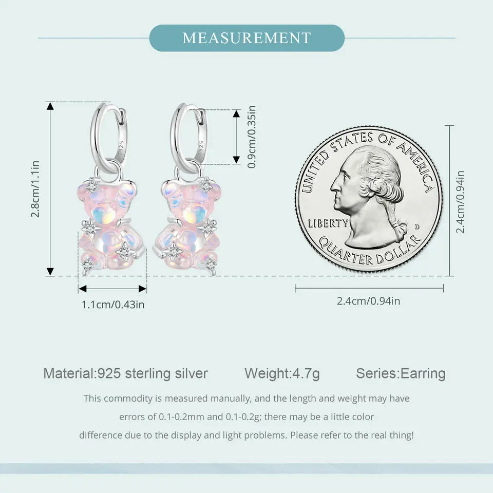 Sterling Silver Pink Aurora Teddy Bear Hoop Earrings