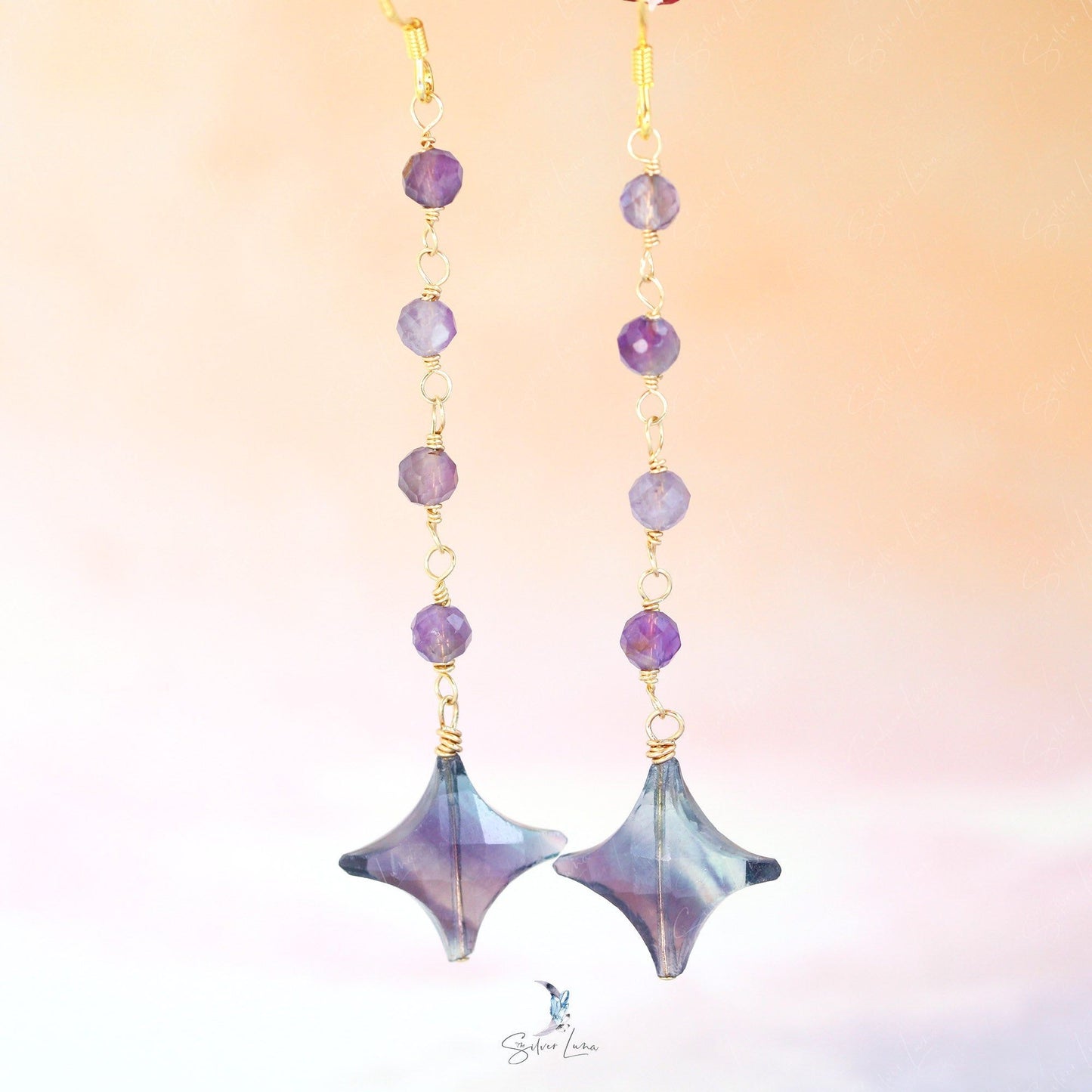 Fluorite star and amethyst beads dangle drop earrings