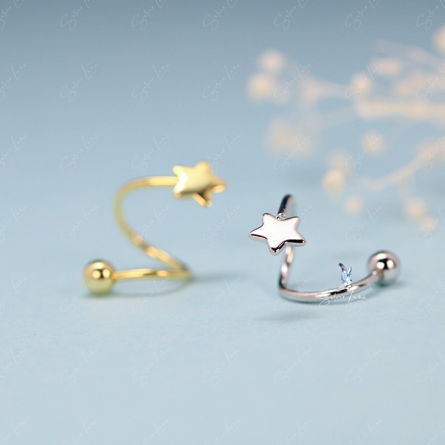 spiral star wrap screw ball silver earrings