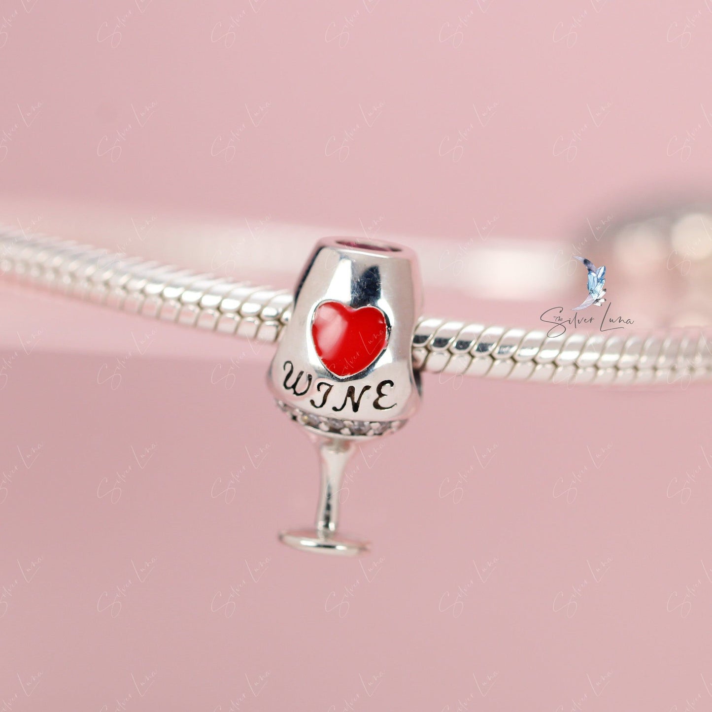 Red wine glass sterling silver charm bead