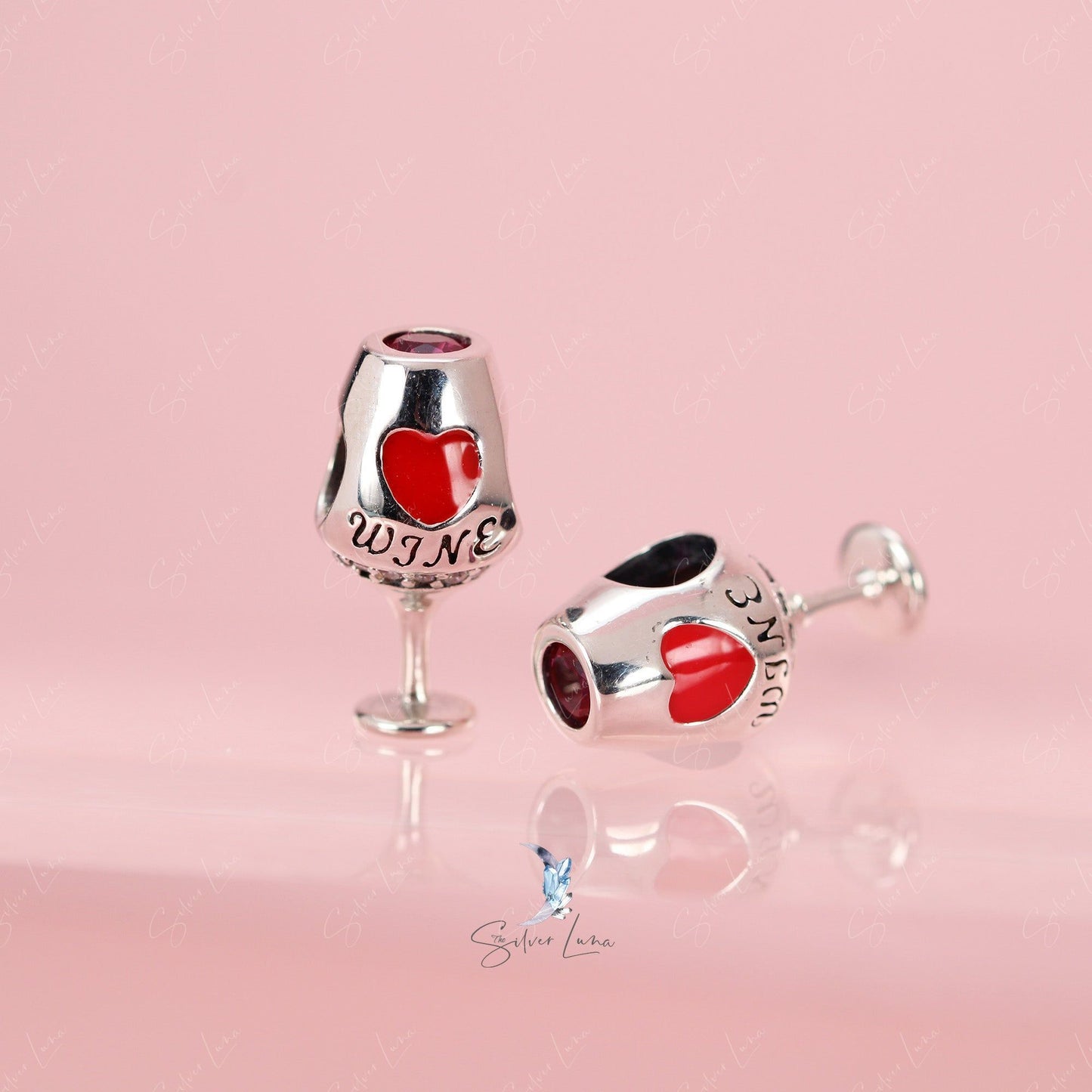 Red wine glass sterling silver charm bead