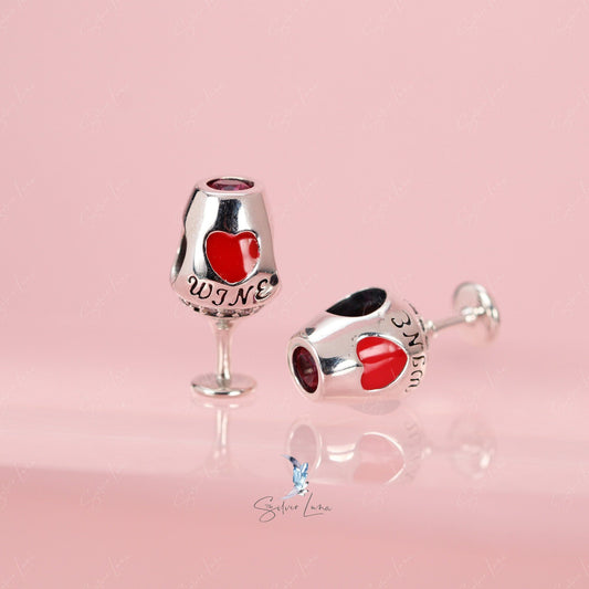 Red wine glass sterling silver charm bead