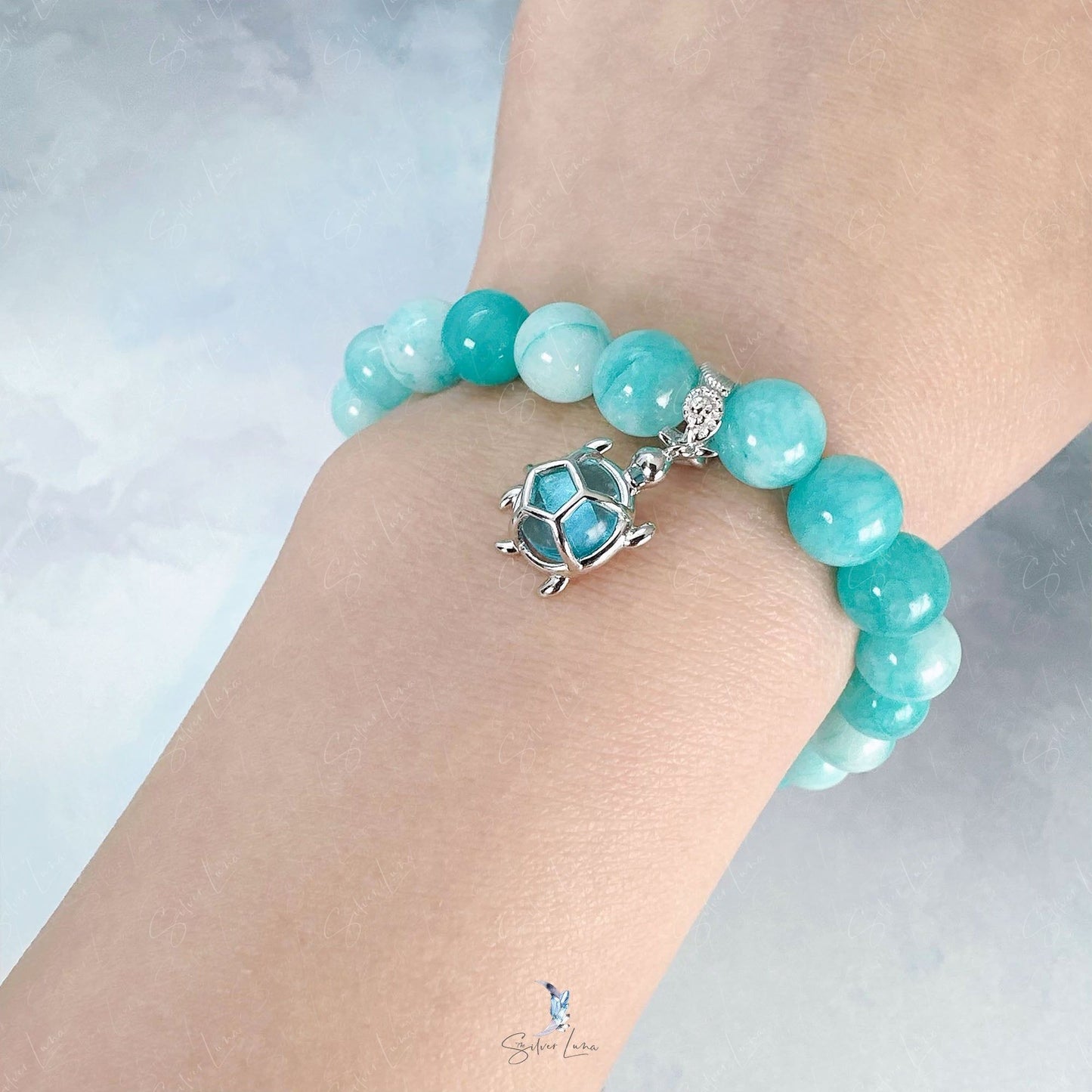 Sea turtle Amazonite jade stone beaded bracelet