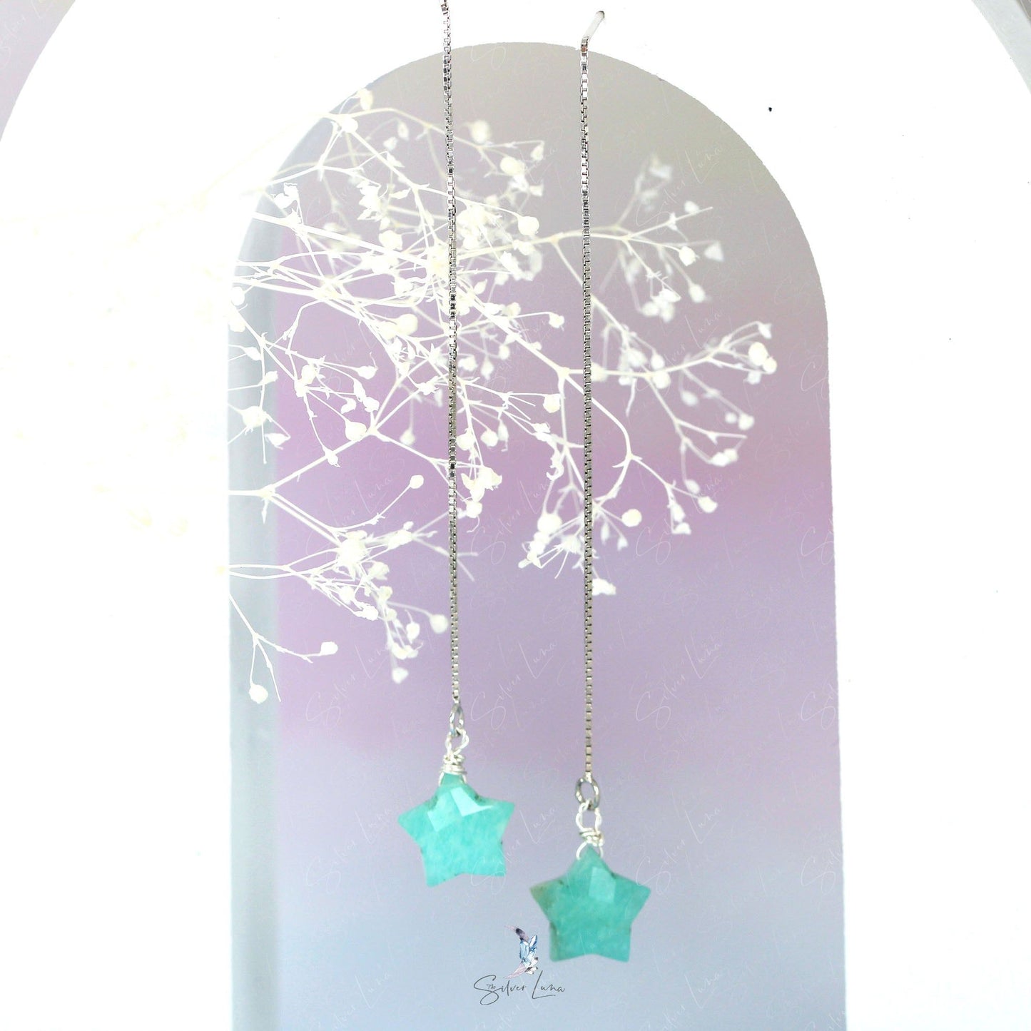 Amazonite star ear threader earrings in sterling silver