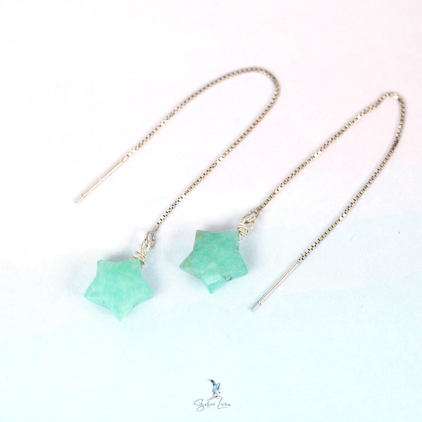 Amazonite star ear threader earrings in sterling silver