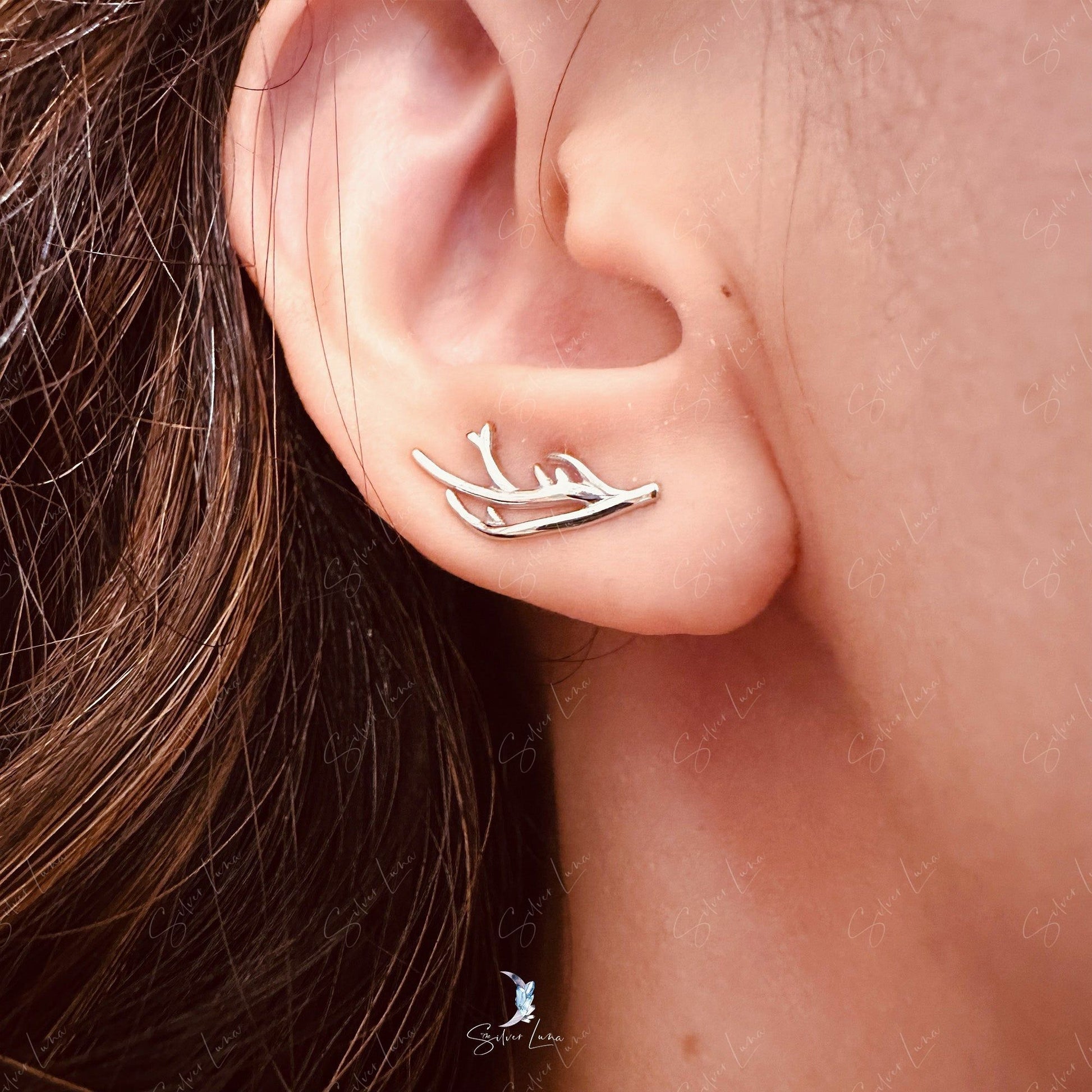 Elk Antler Ear Climber Sterling Silver Earrings
