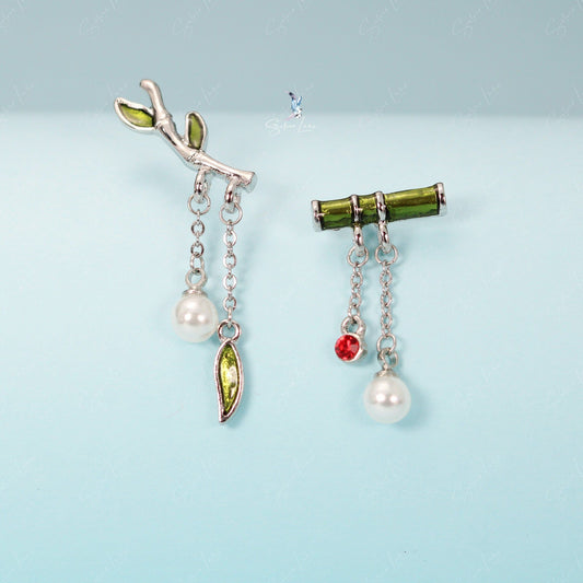 Bamboo branch assymetric dangle drop earrings