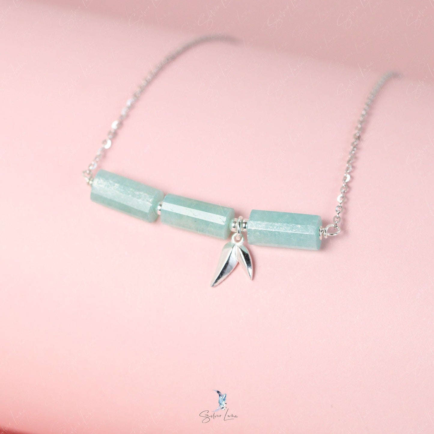 Bamboo tree branch Amazonite natural stone sterling silver necklace