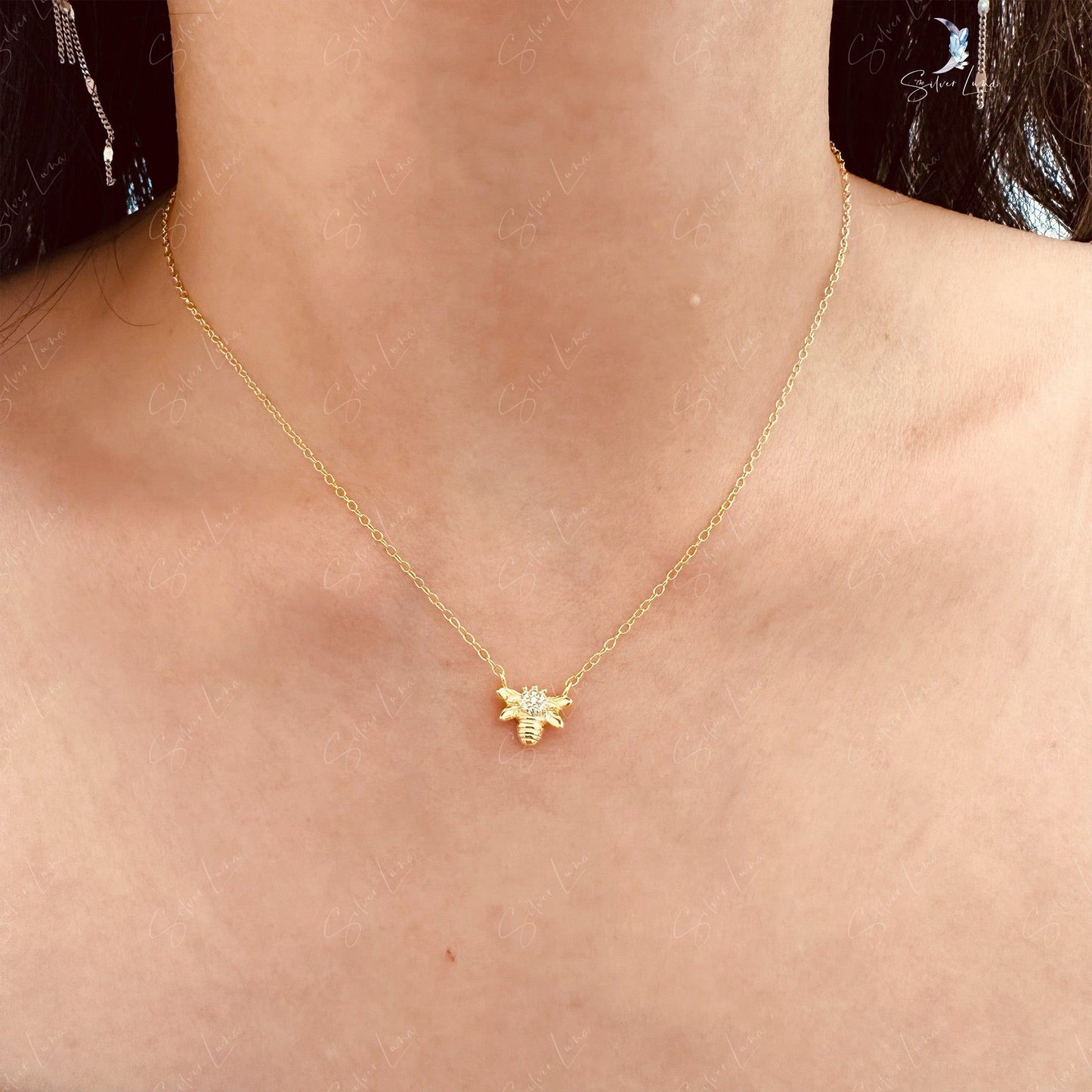 Tiny honey bee sterling silver necklace