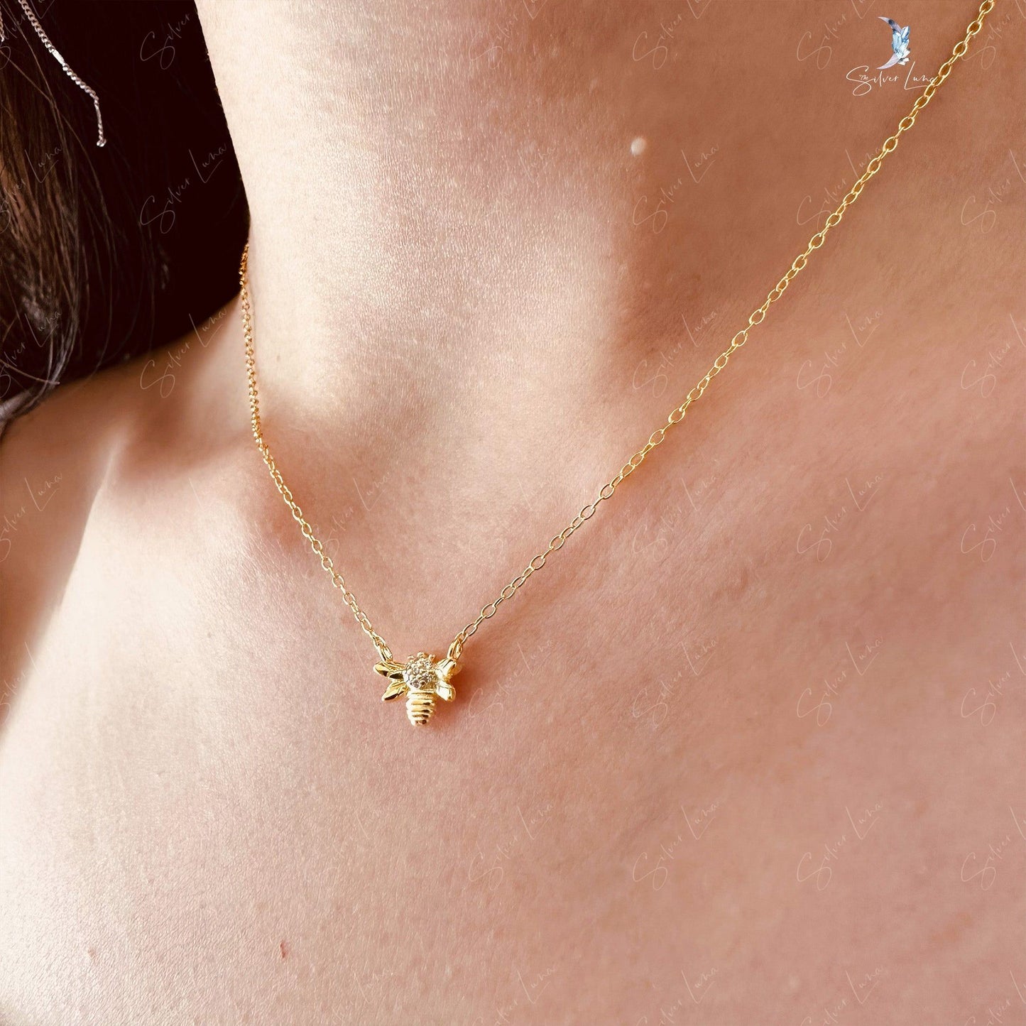 Tiny honey bee sterling silver necklace