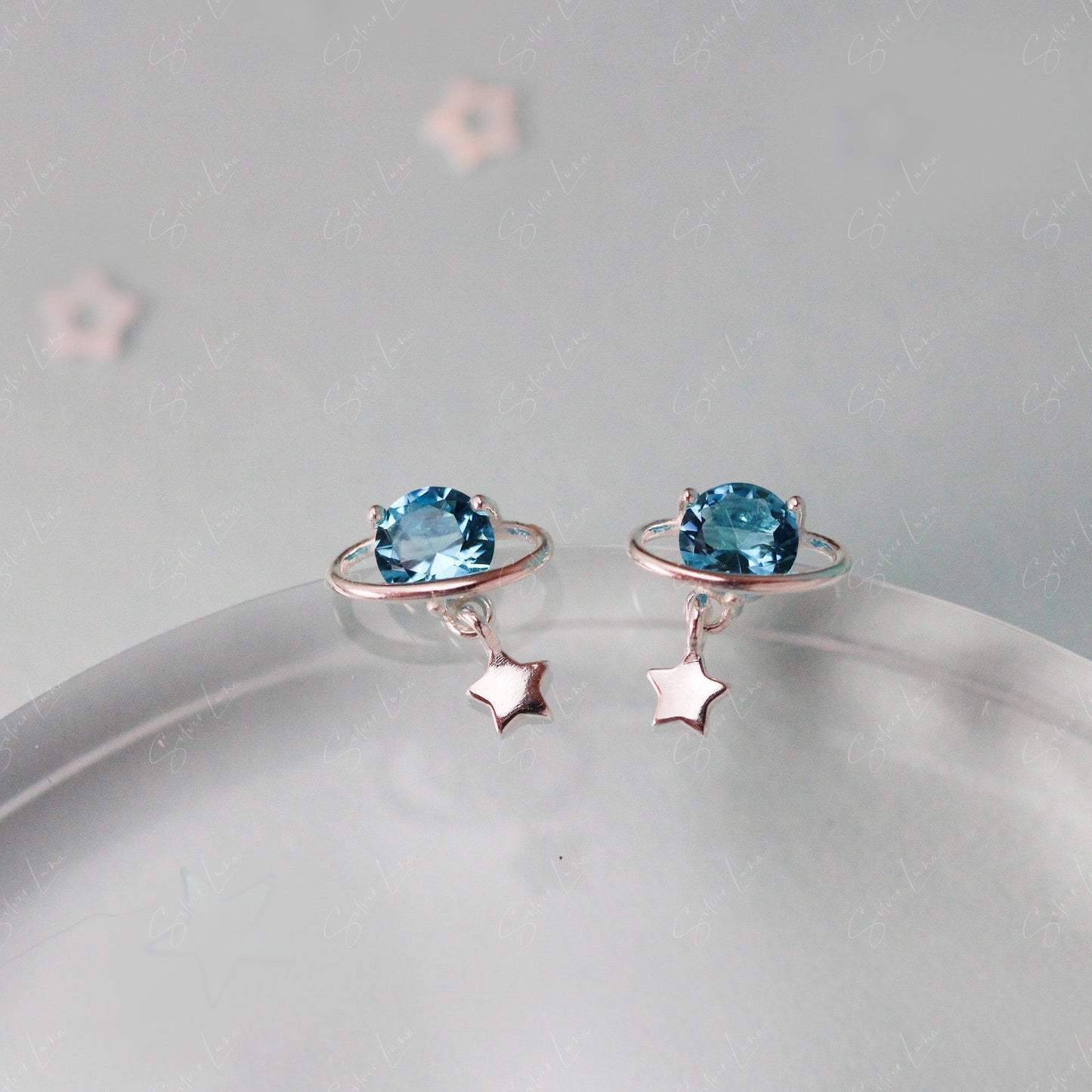 Planet Star Drop Sterling Silver Stud Earrings