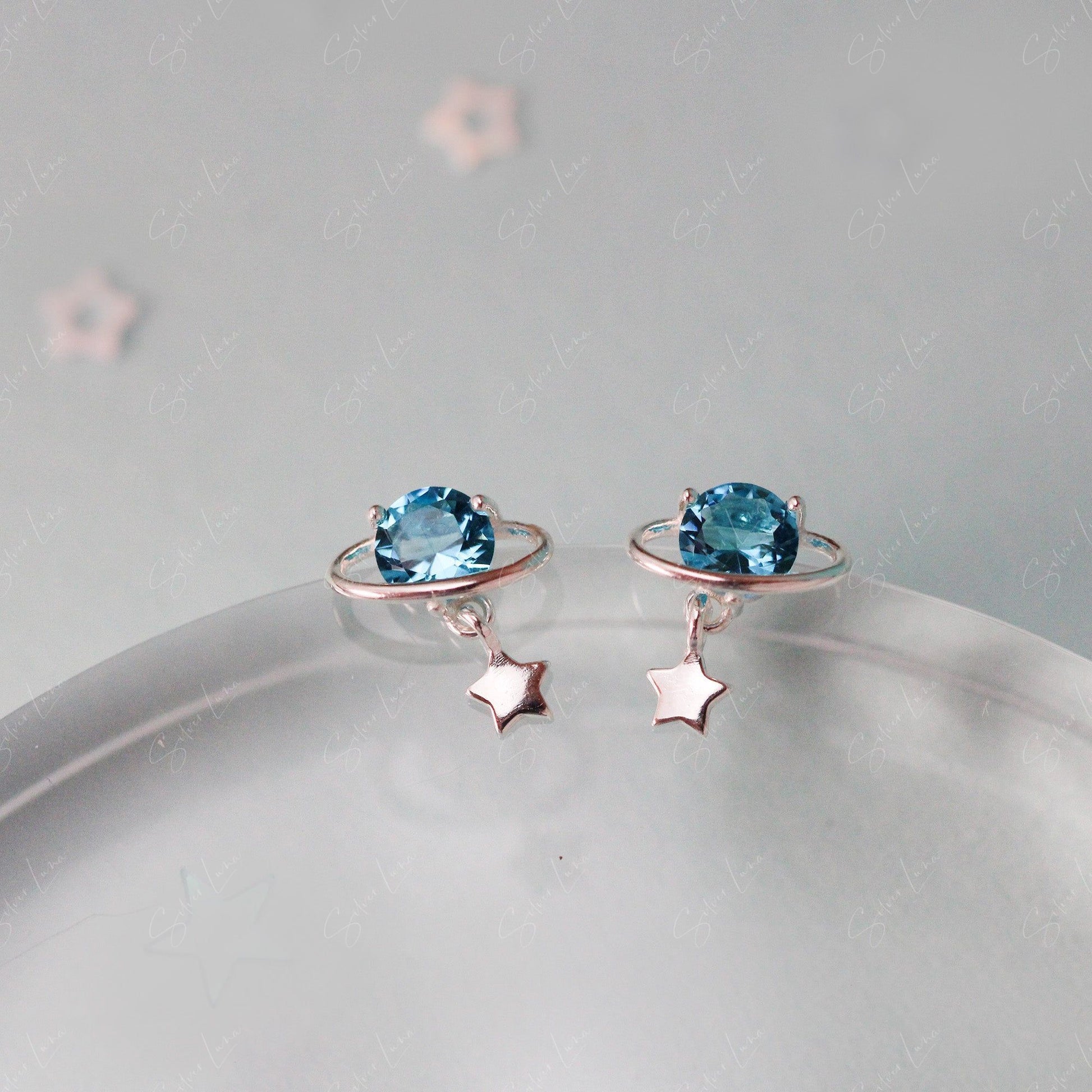 Planet Star Drop Sterling Silver Stud Earrings