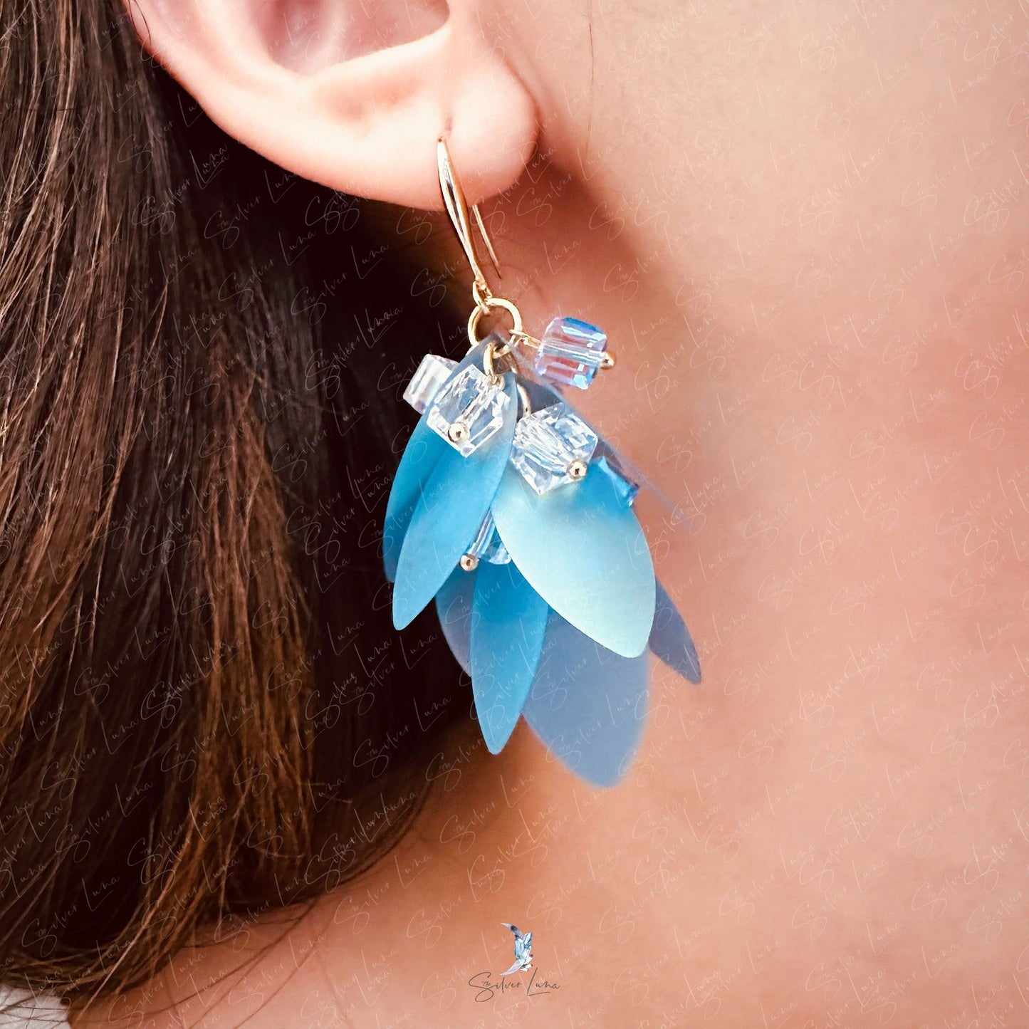 Translucent blue leaves crystal dangle drop earrings