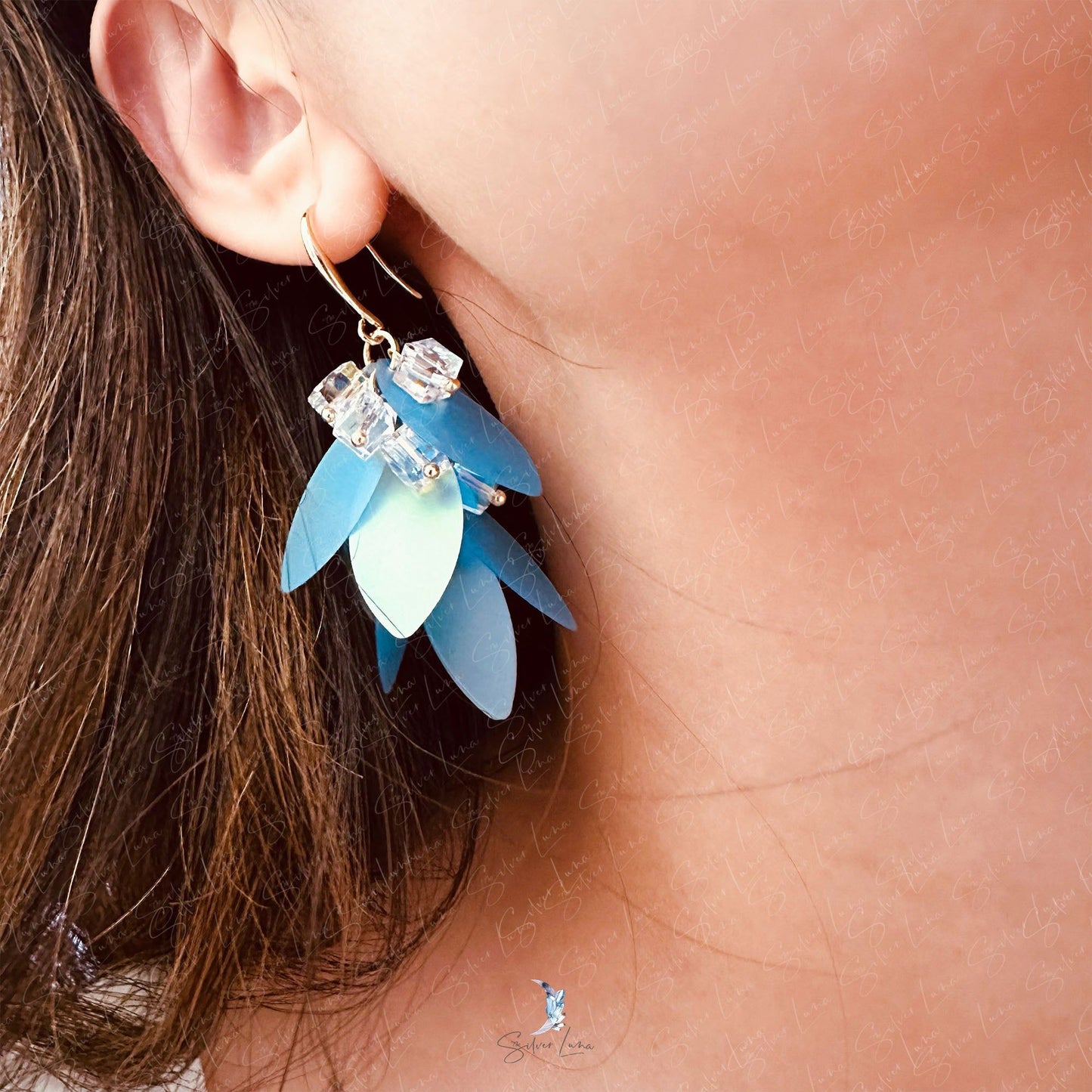 Translucent blue leaves crystal dangle drop earrings