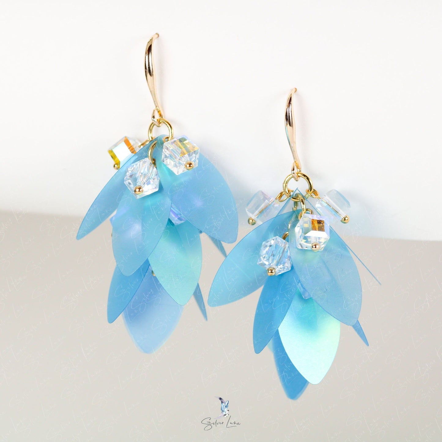 Translucent blue leaves crystal dangle drop earrings