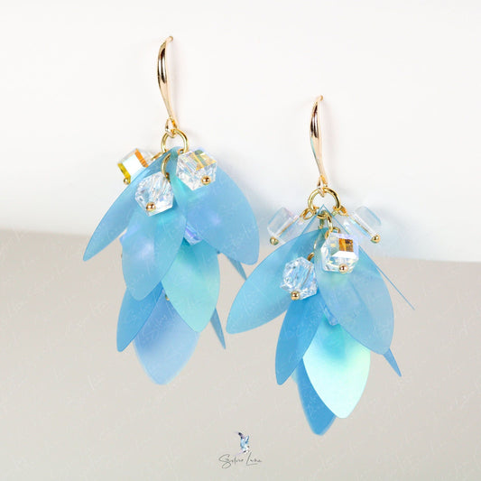 Translucent blue leaves crystal dangle drop earrings