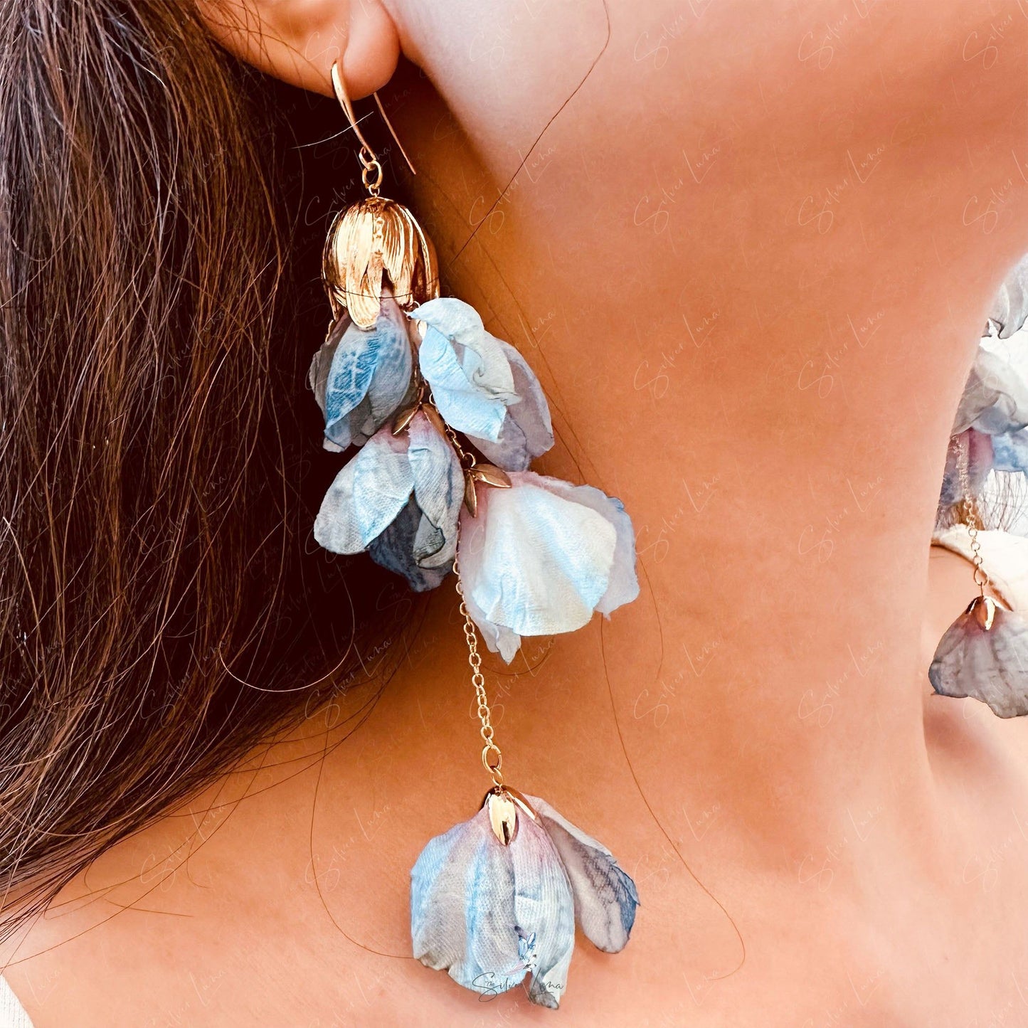 Gold plated fabric flower long drop fashion earrings