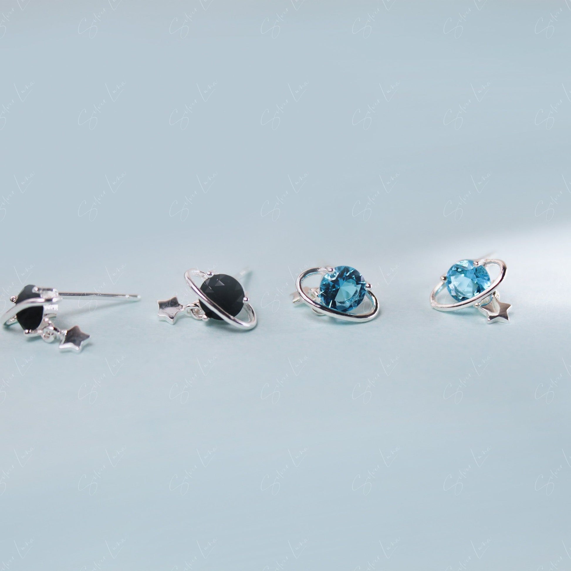 Planet Star Drop Sterling Silver Stud Earrings