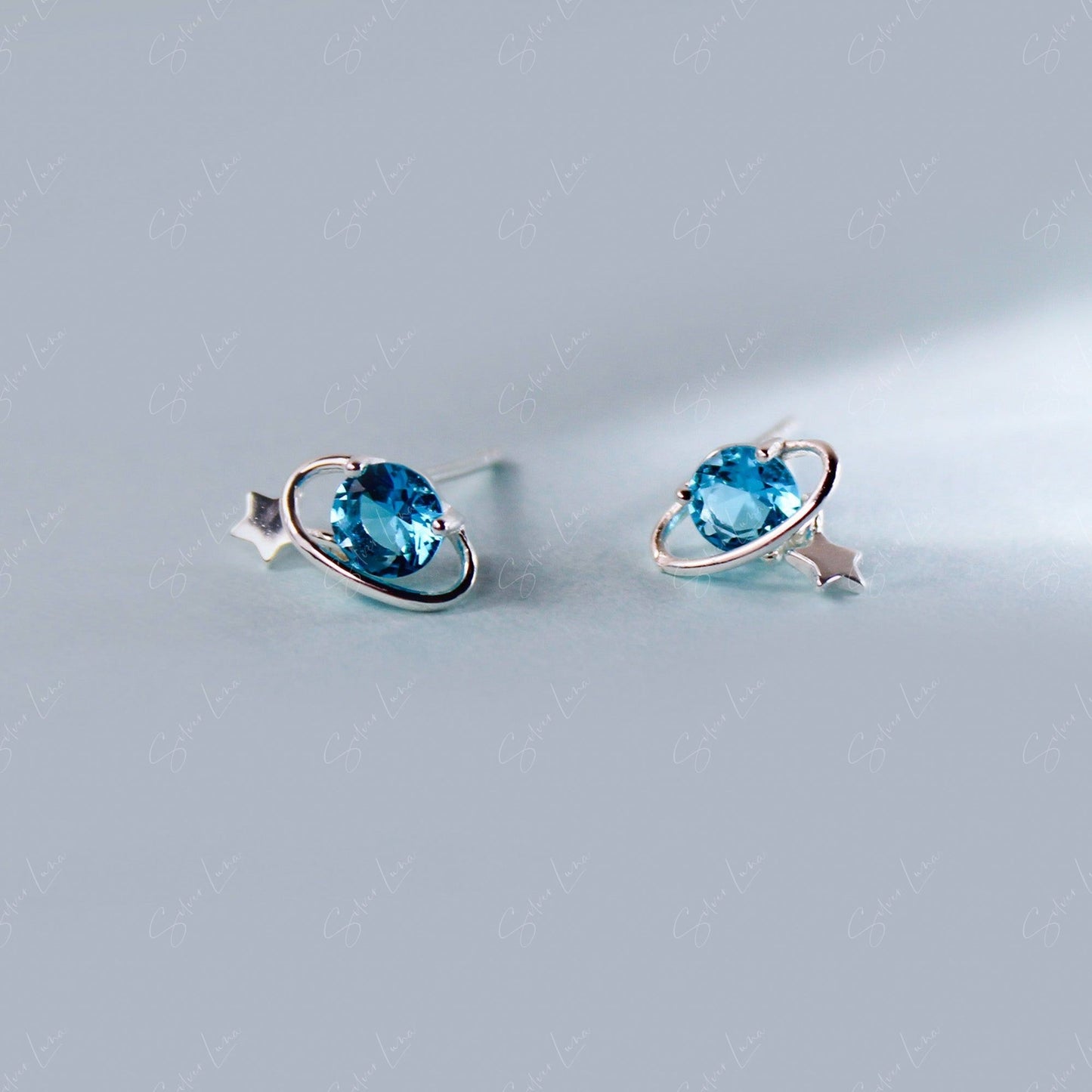 Planet Star Drop Sterling Silver Stud Earrings
